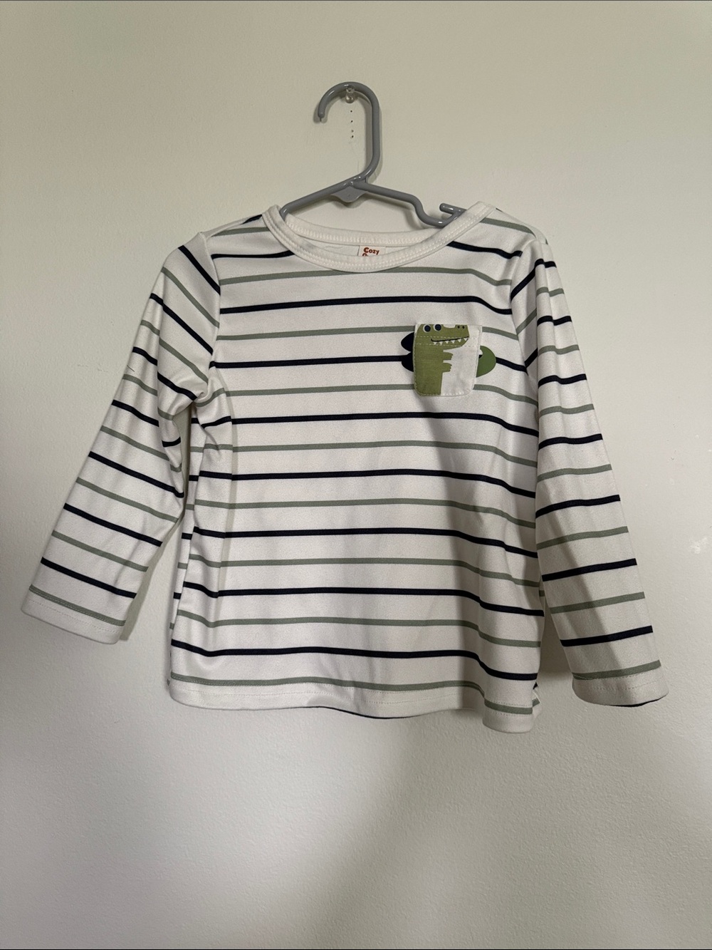 Striped Long-Sleeve Kids Shirt with Crocodile Pocket - White & Green